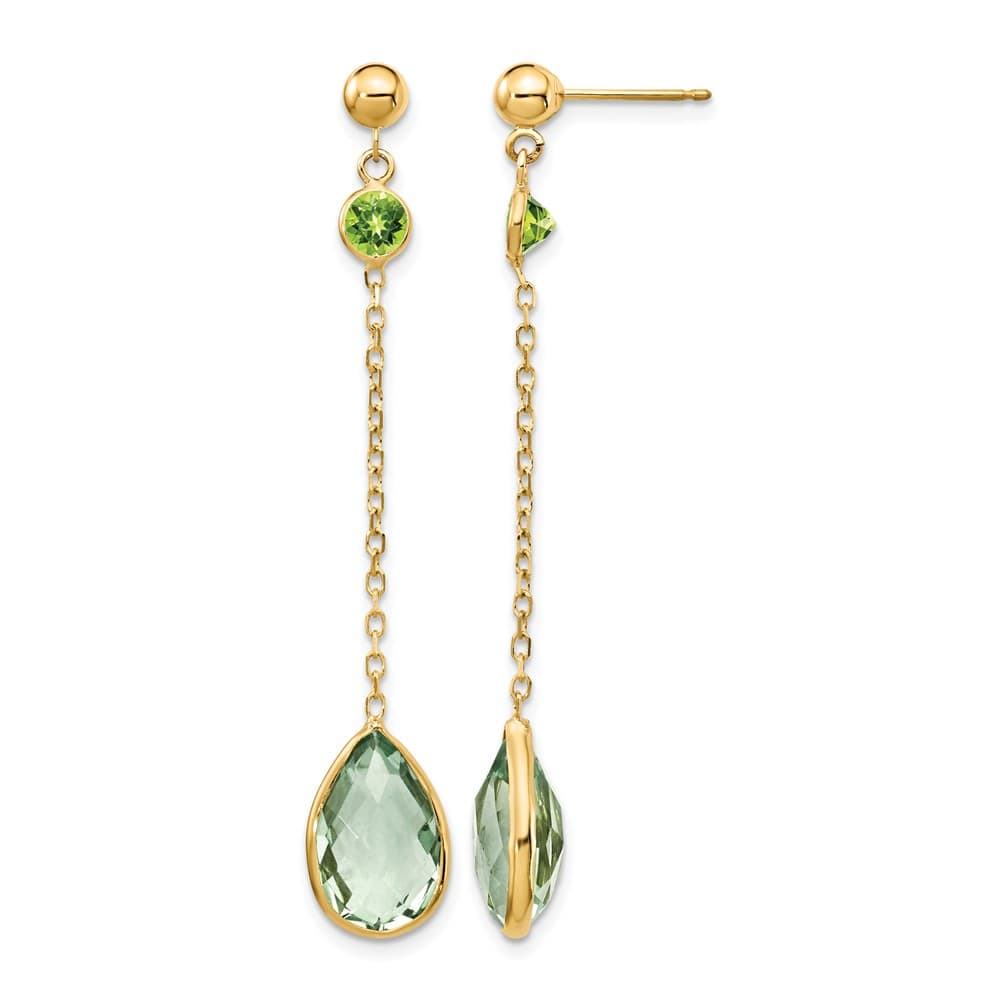 14K Yellow Gold Round Green Quartz Chain Dangle Post Earrings, view 1 of 4
