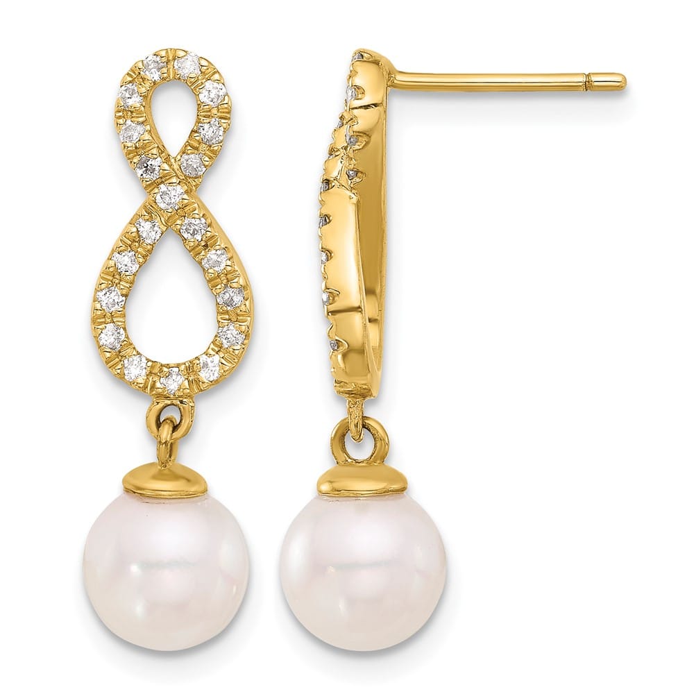 14K Yellow Gold Round Pearl .40 Carat Diamond Infinity Dangle Earrings, view 1 of 4