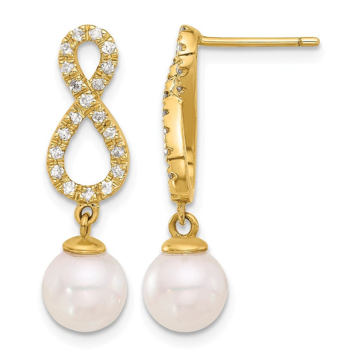 14K Yellow Gold Round Pearl .40 Carat Diamond Infinity Dangle Earrings, view 1 of 4