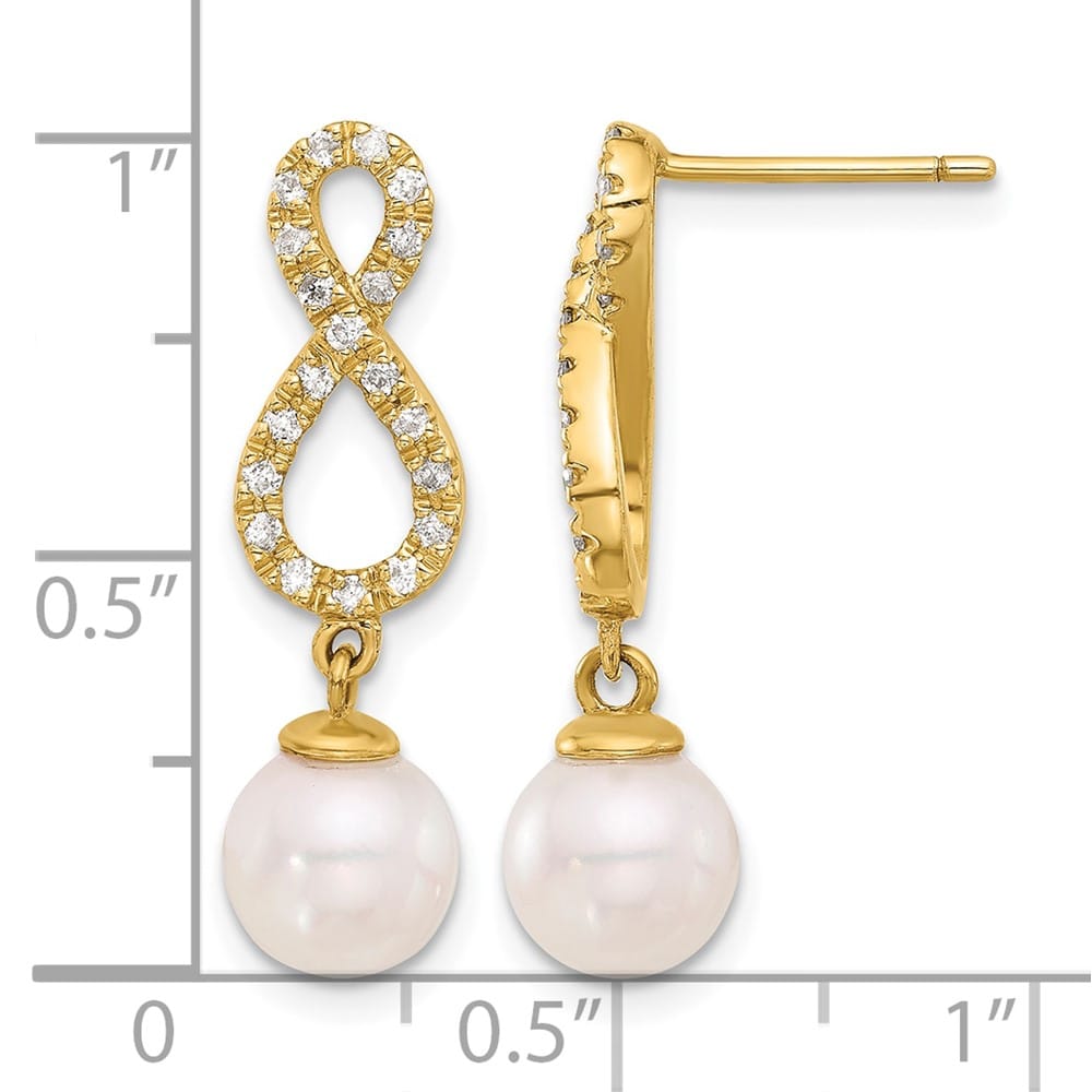 14K Yellow Gold Round Pearl .40 Carat Diamond Infinity Dangle Earrings, view 4 of 4