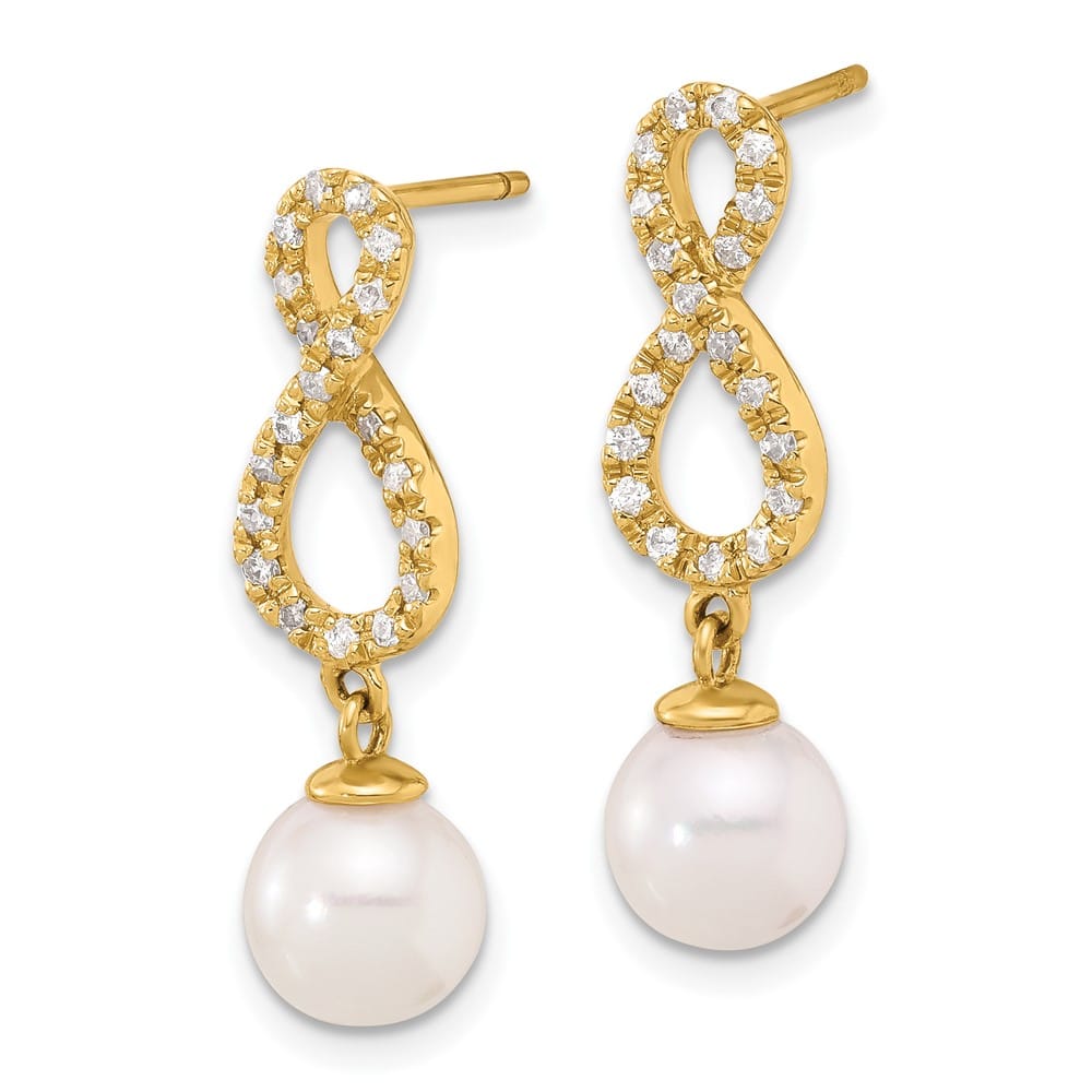 14K Yellow Gold Round Pearl .40 Carat Diamond Infinity Dangle Earrings, view 2 of 4