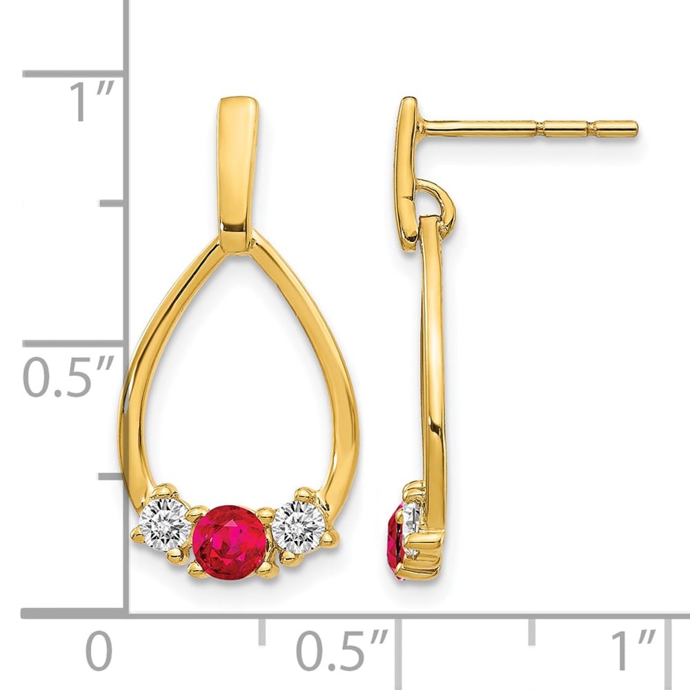 14K Yellow Gold Ruby and White Sapphire Teardrop Post Dangle Earrings, view 4 of 5