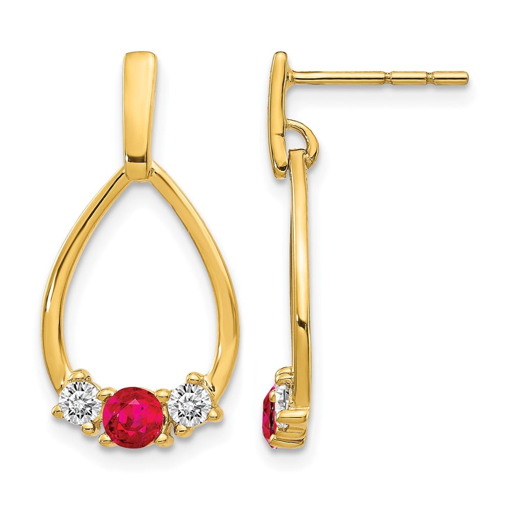 14K Yellow Gold Ruby and White Sapphire Teardrop Post Dangle Earrings, view 1 of 5