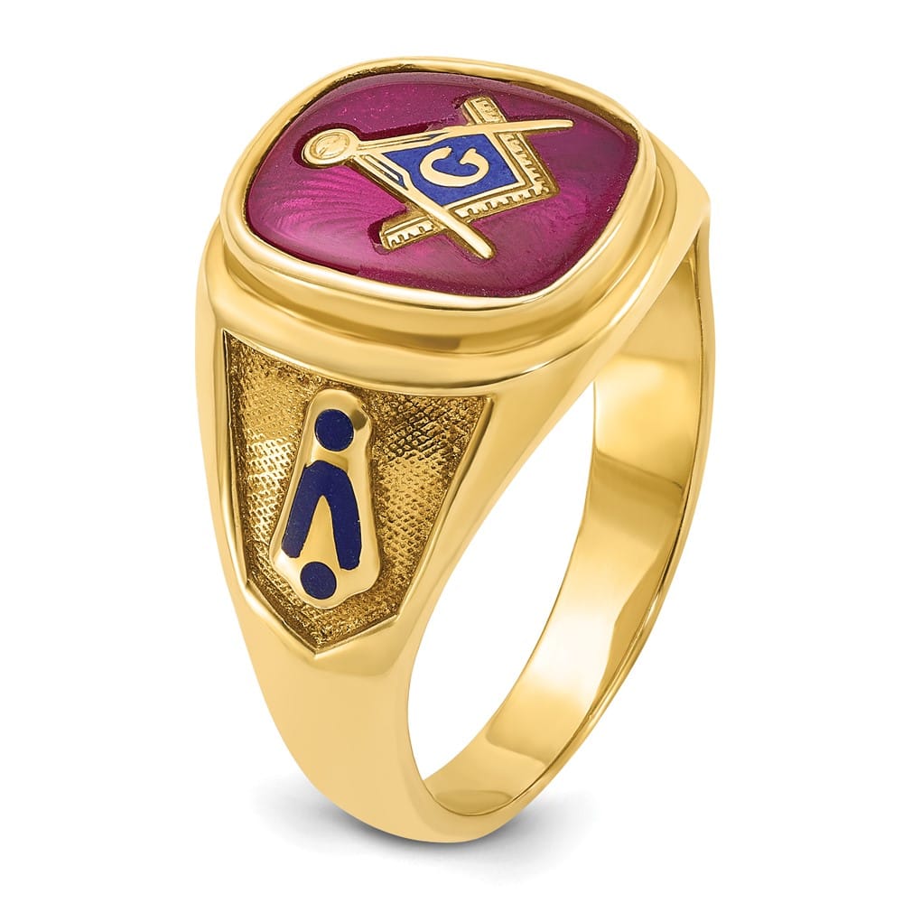 14k Yellow Gold Ruby IB Goodman with Blue Enamel Men's Blue Lodge Ring
