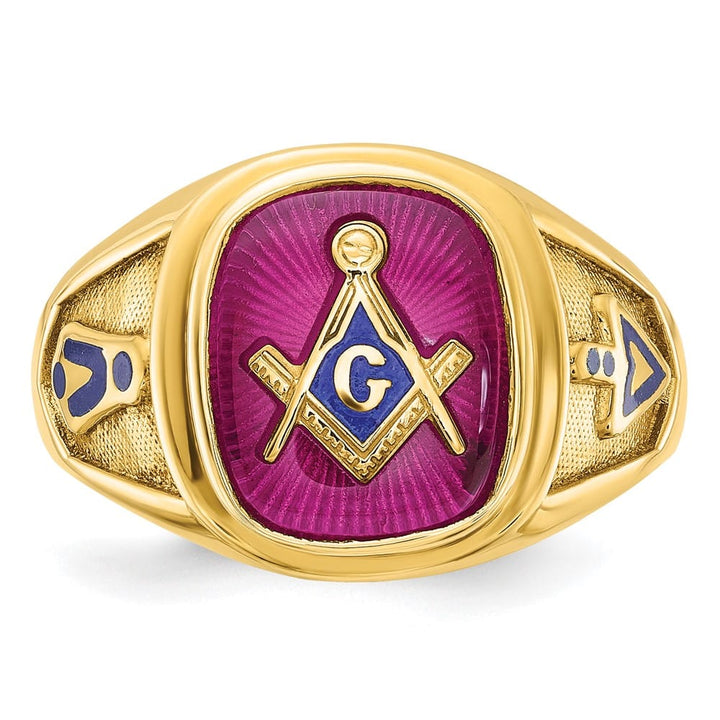 14k Yellow Gold Ruby IB Goodman with Blue Enamel Men's Blue Lodge Ring