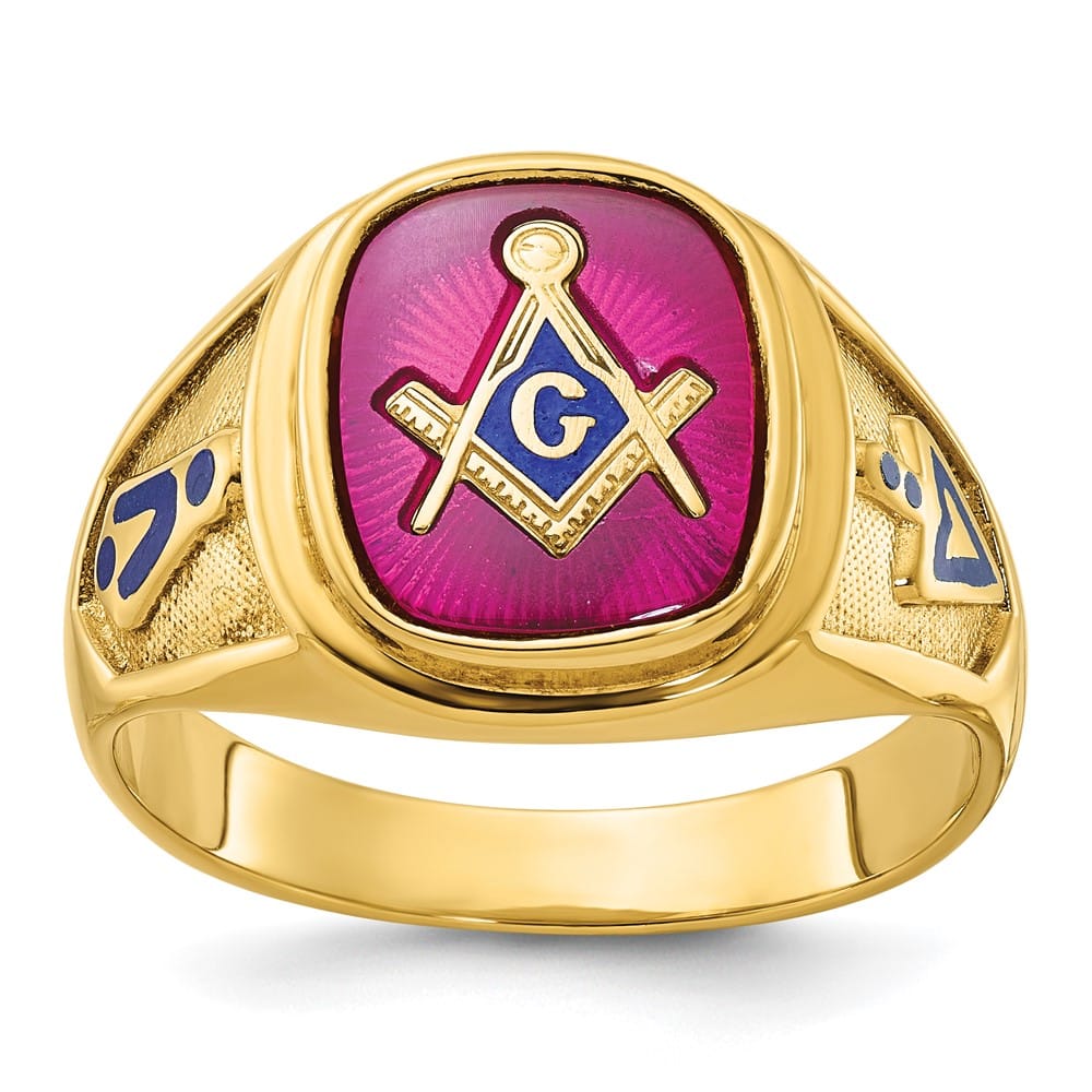 14k Yellow Gold Ruby IB Goodman with Blue Enamel Men's Blue Lodge Ring