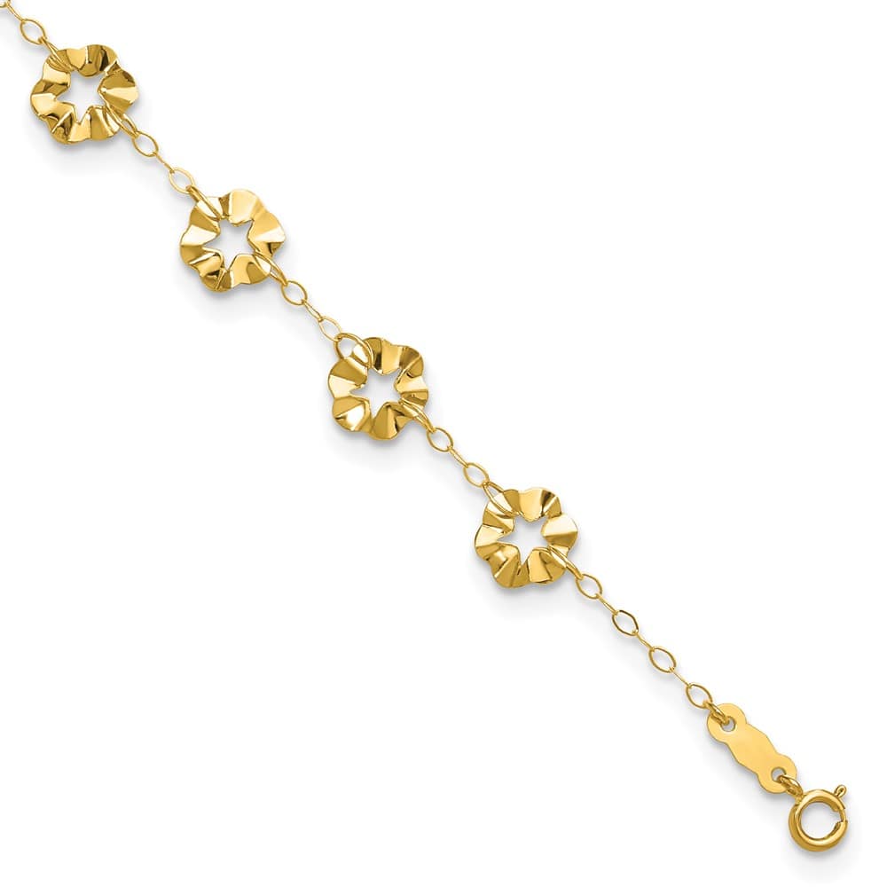14K Yellow Gold Ruffle Star Flowers Anklet — solid 14K yellow gold, 10 inches long, 1 inch extension, 1.75 mm wide, spring ring clasp, 1.81 g