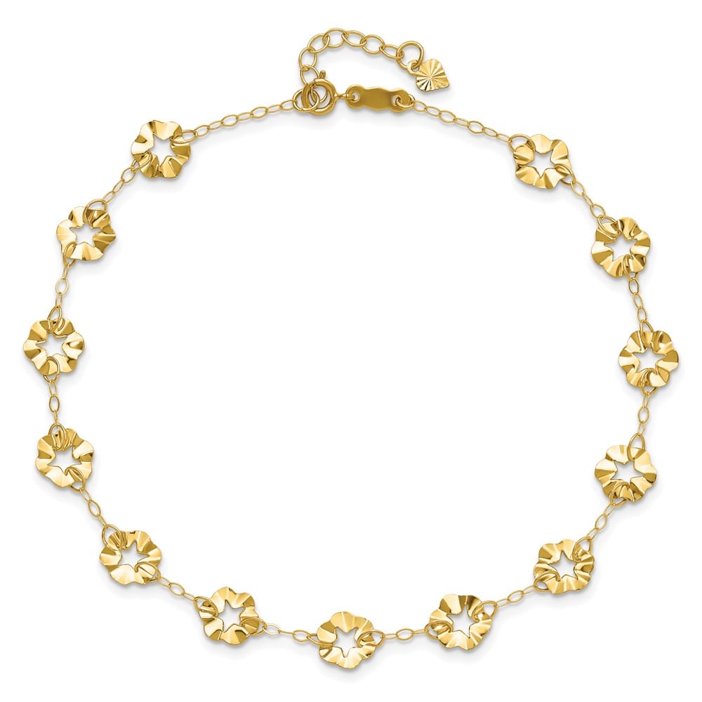 14K Yellow Gold Ruffle Star Flowers Anklet
