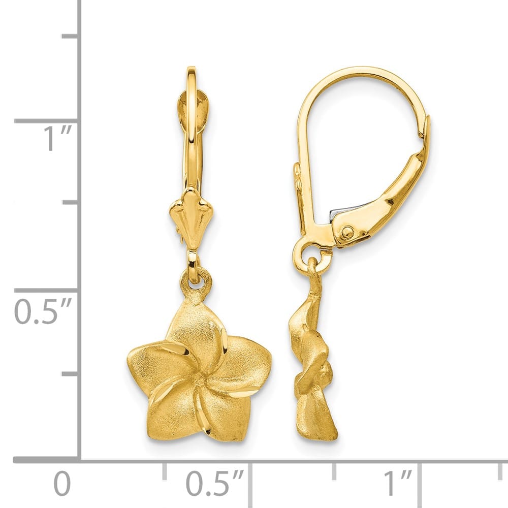 14K Yellow Gold Satin and D.C. Plumeria Dangle Leverback Earrings, view 4 of 4