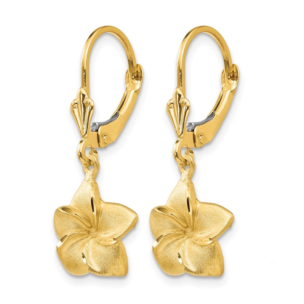 14K Yellow Gold Satin and D.C. Plumeria Dangle Leverback Earrings, view 2 of 4