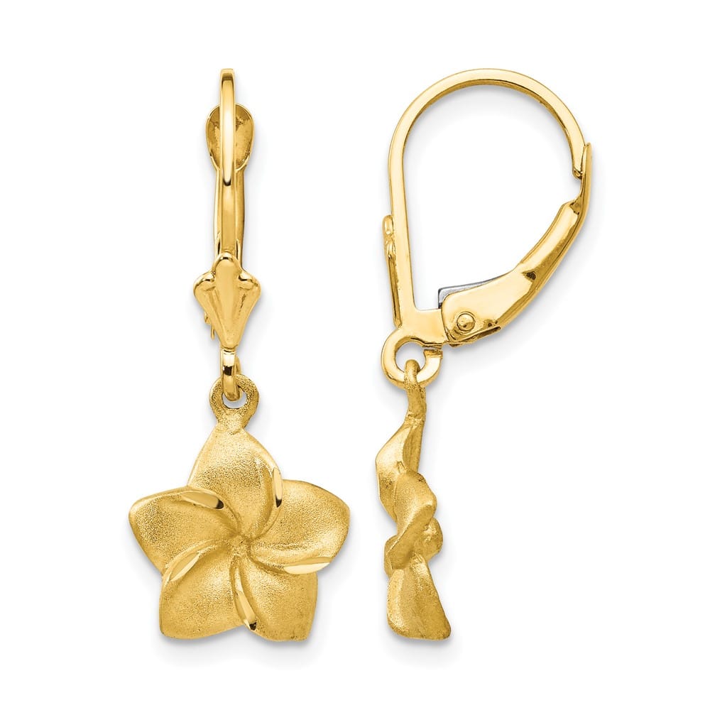 14K Yellow Gold Satin and D.C. Plumeria Dangle Leverback Earrings, view 1 of 4