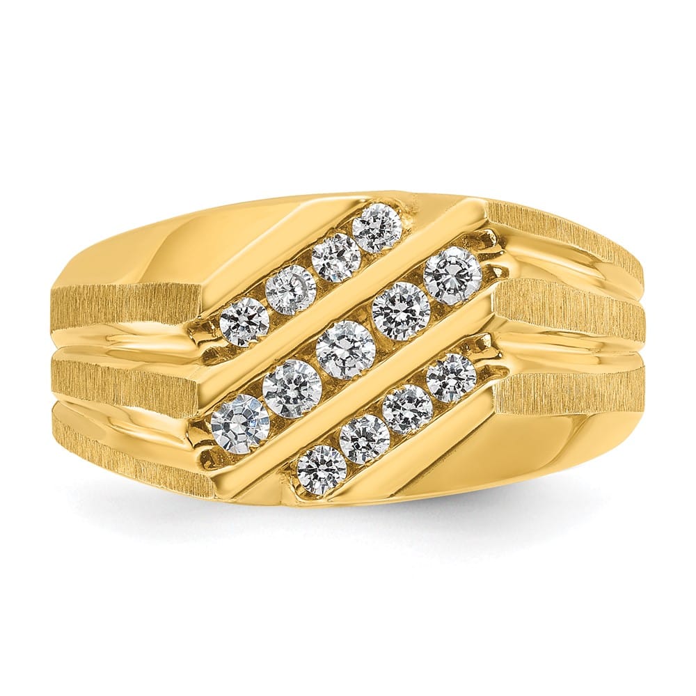 14k Yellow Gold Satin and Grooved I1 Quality Diamond Men's Ring