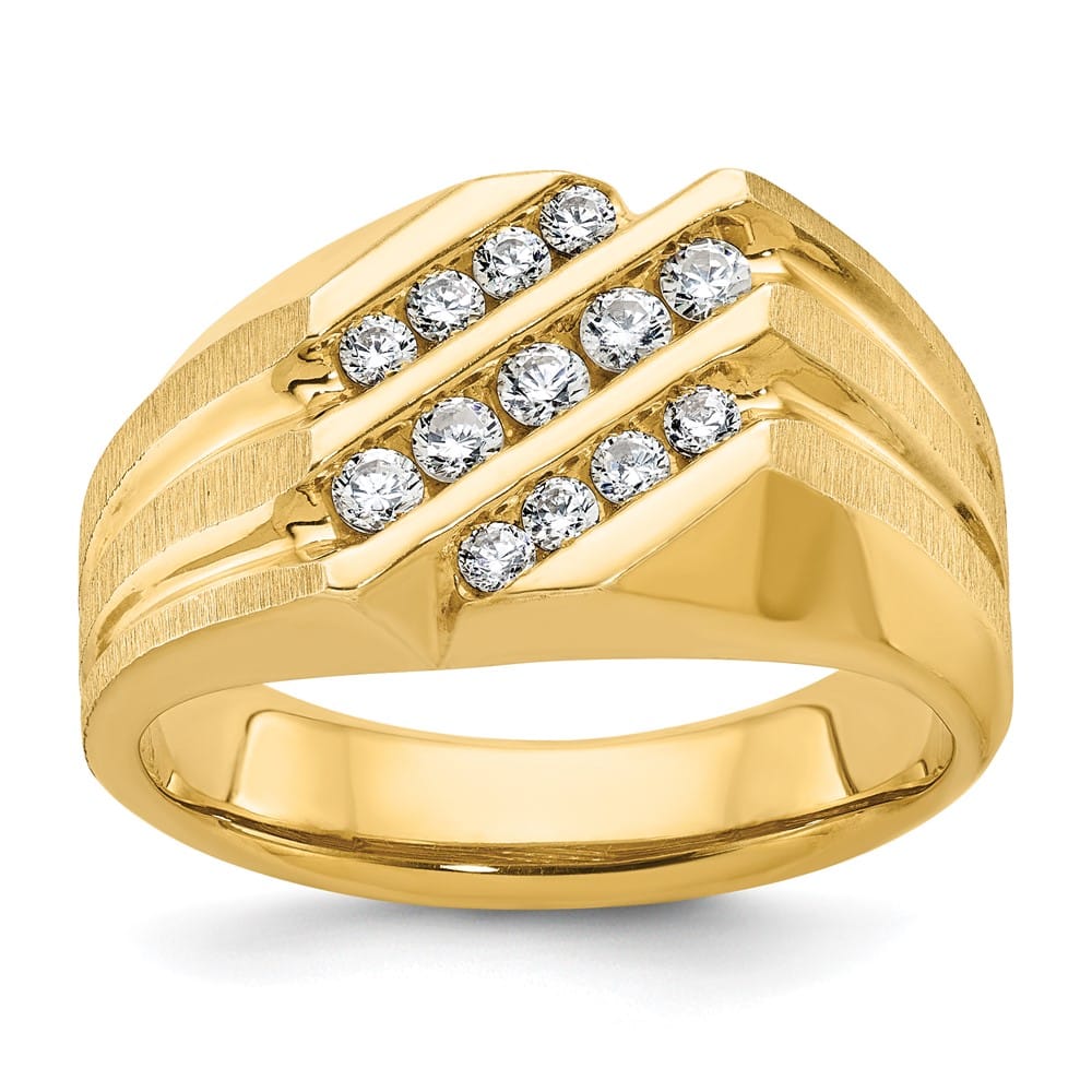 14k Yellow Gold Satin and Grooved I1 Quality Diamond Men's Ring