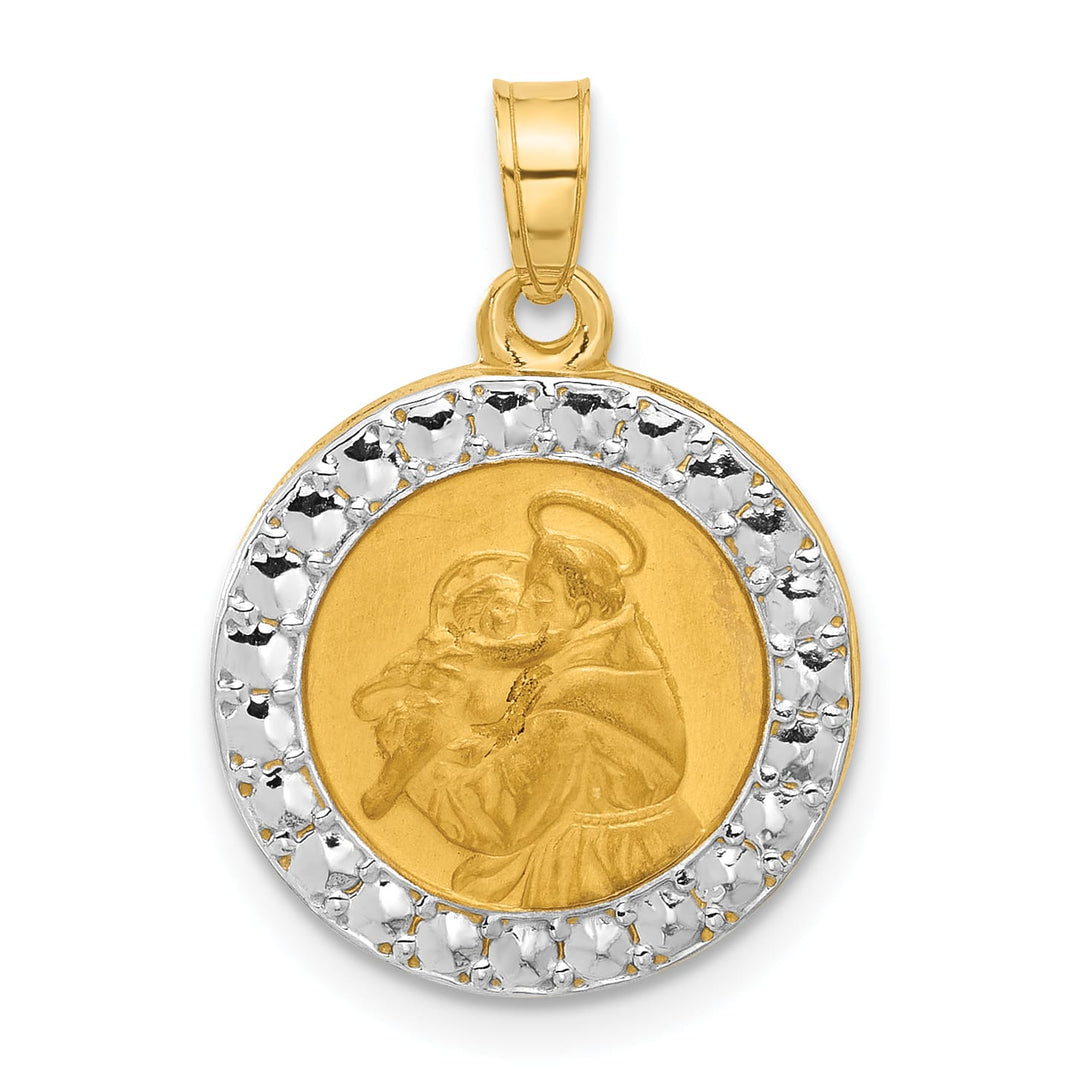 14K Yellow Gold Satin and Polished St. Anthony Medal Round Pendant