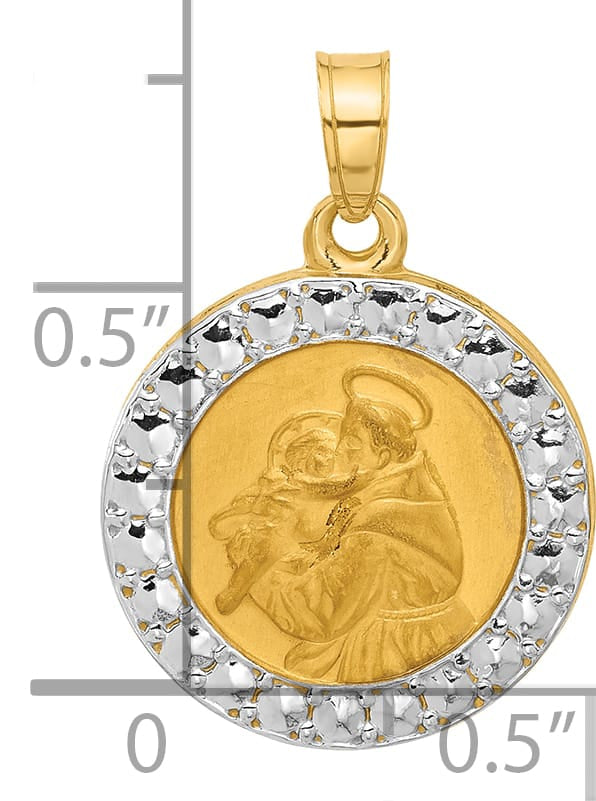 14K Yellow Gold Satin and Polished St. Anthony Medal Round Pendant