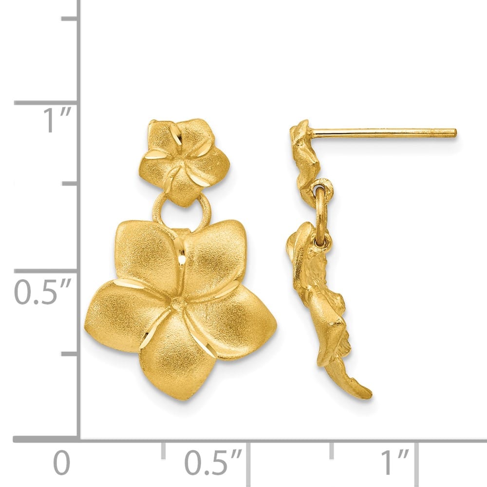 14K Yellow Gold Satin D.C. Plumeria Dangle Post Earrings, view 4 of 4