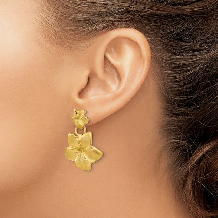 14K Yellow Gold Satin D.C. Plumeria Dangle Post Earrings, view 3 of 4