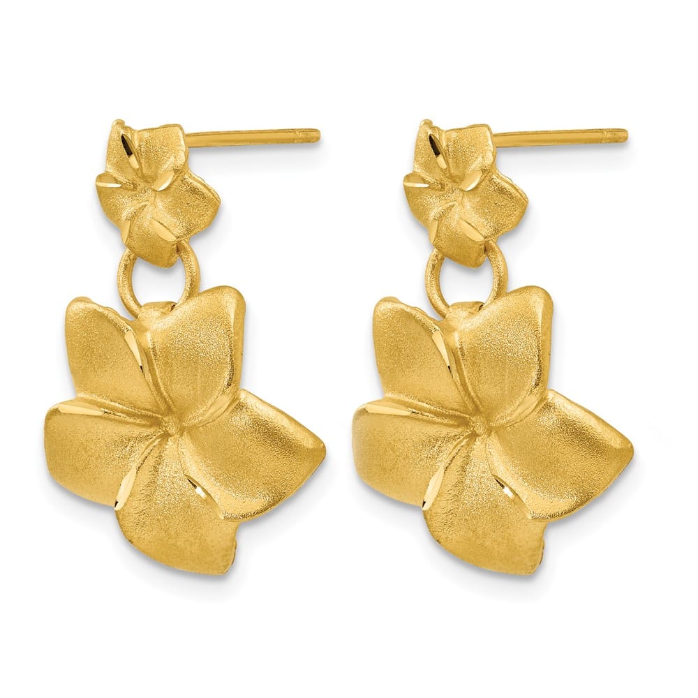 14K Yellow Gold Satin D.C. Plumeria Dangle Post Earrings, view 2 of 4