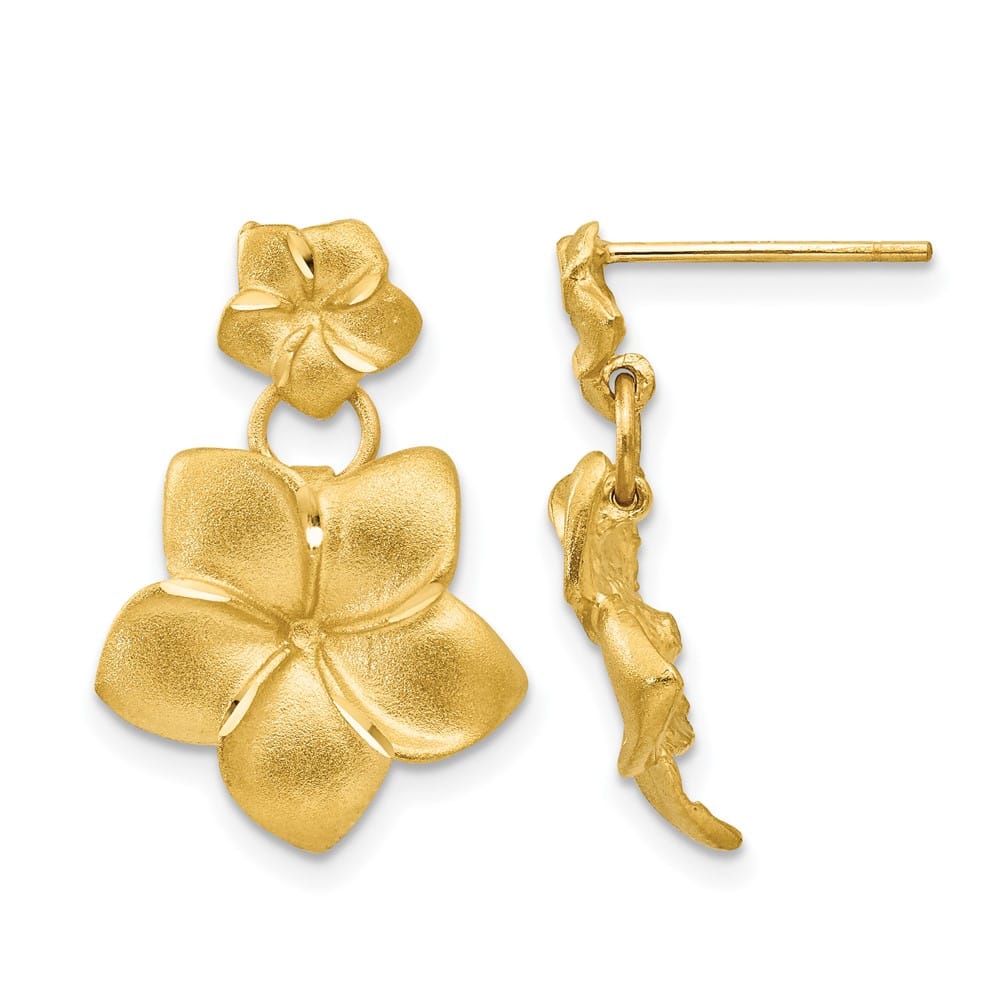14K Yellow Gold Satin D.C. Plumeria Dangle Post Earrings, view 1 of 4