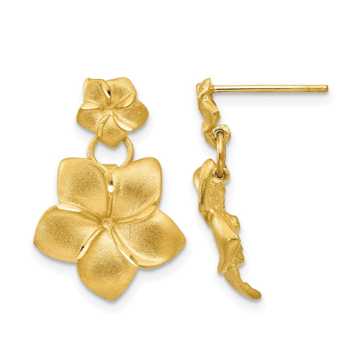 14K Yellow Gold Satin D.C. Plumeria Dangle Post Earrings, view 1 of 4