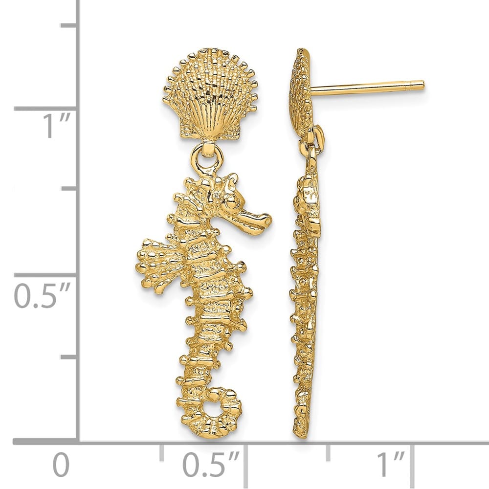14K Yellow Gold Seahorse Dangling From Shell Post Earrings, view 4 of 4