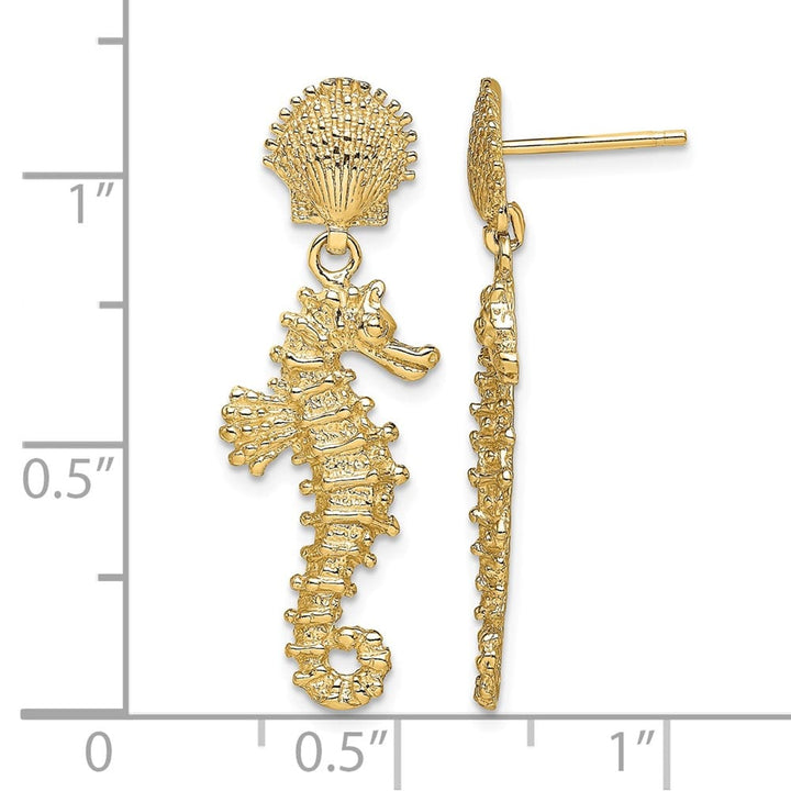 14K Yellow Gold Seahorse Dangling From Shell Post Earrings, view 4 of 4