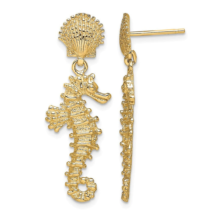 14K Yellow Gold Seahorse Dangling From Shell Post Earrings, view 1 of 4