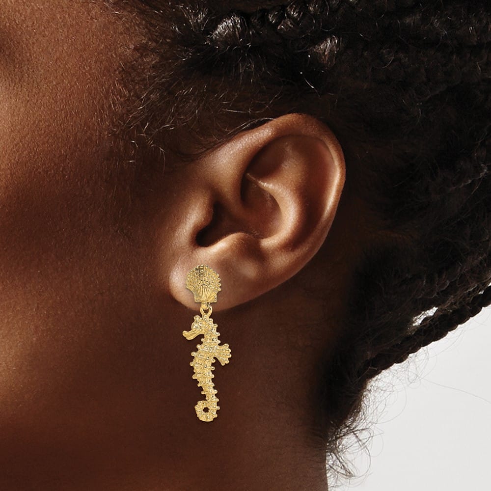 14K Yellow Gold Seahorse Dangling From Shell Post Earrings, view 3 of 4