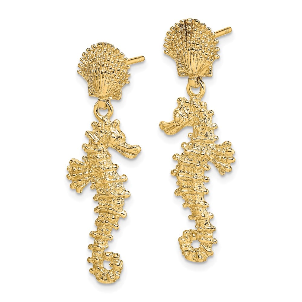 14K Yellow Gold Seahorse Dangling From Shell Post Earrings, view 2 of 4