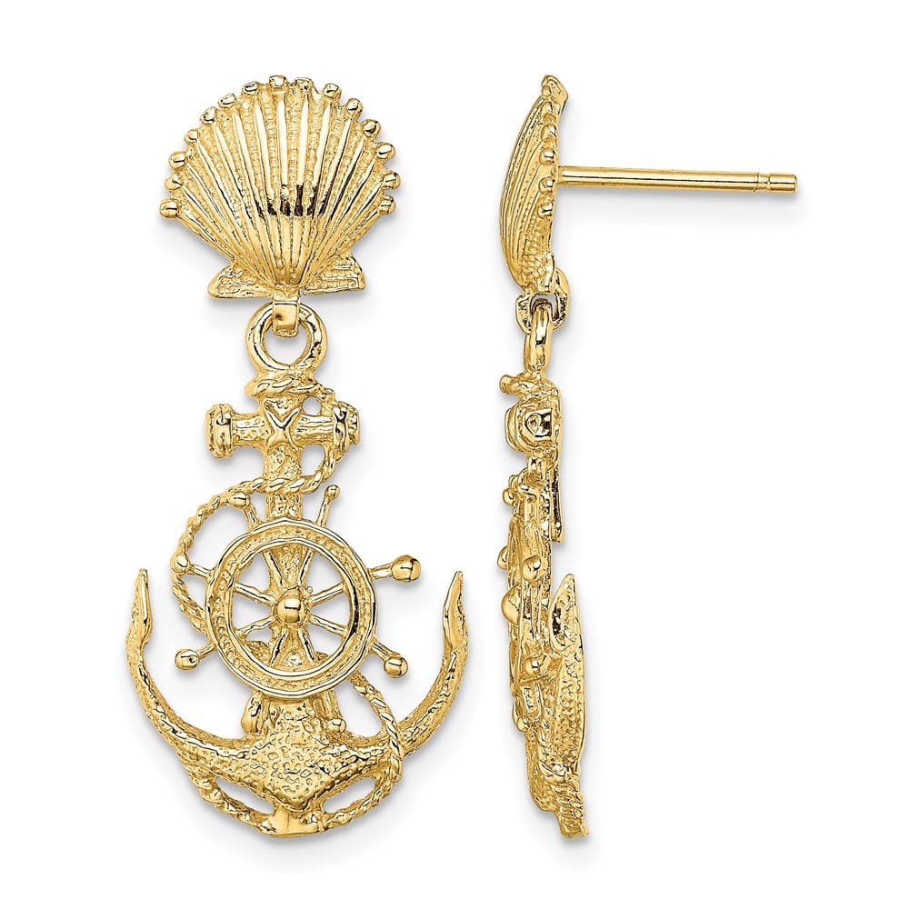 14K Yellow Gold Shell and Anchor with Ships Wheel Dangle Post Earrings, view 1 of 4