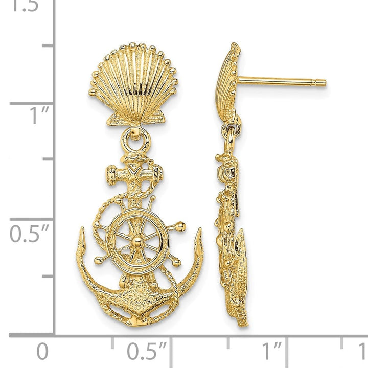 14K Yellow Gold Shell and Anchor with Ships Wheel Dangle Post Earrings, view 4 of 4