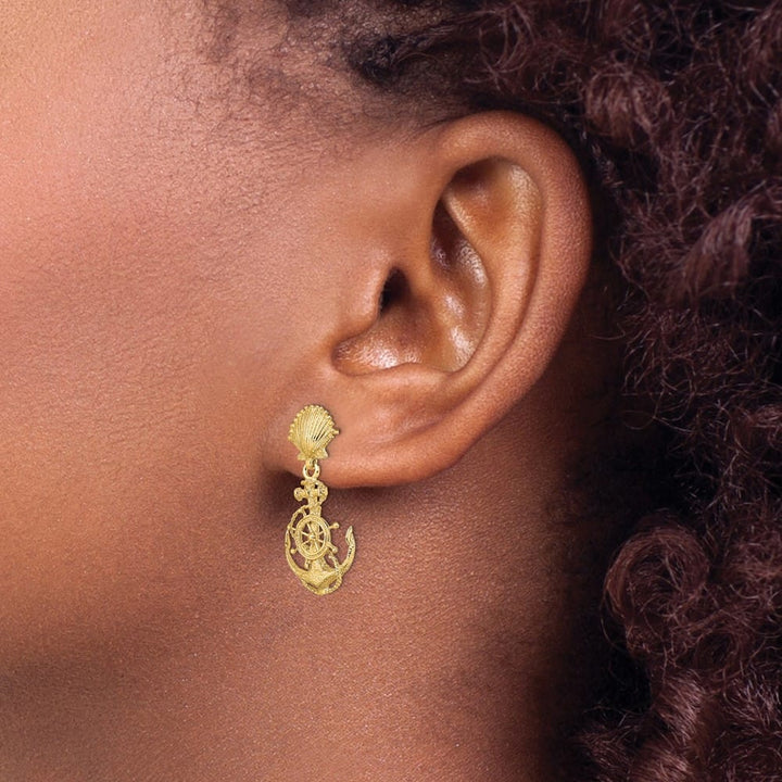 14K Yellow Gold Shell and Anchor with Ships Wheel Dangle Post Earrings, view 3 of 4