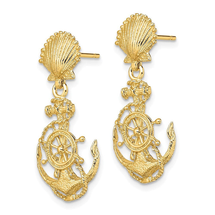 14K Yellow Gold Shell and Anchor with Ships Wheel Dangle Post Earrings, view 2 of 4