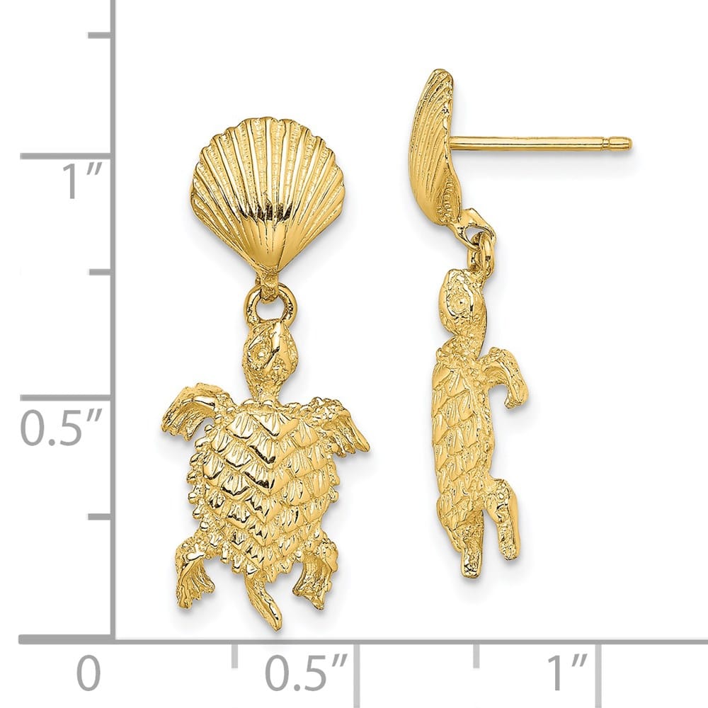 14K Yellow Gold Shell and Sea Turtle Dangle Post Earrings, view 4 of 4