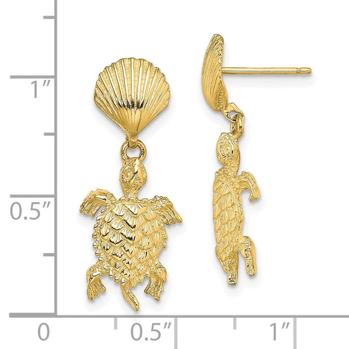 14K Yellow Gold Shell and Sea Turtle Dangle Post Earrings, view 4 of 4