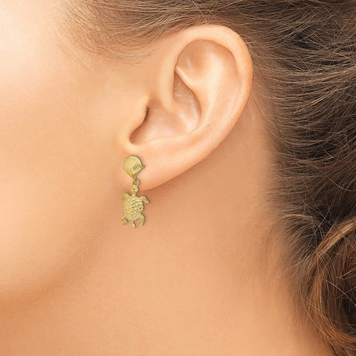 14K Yellow Gold Shell and Sea Turtle Dangle Post Earrings, view 3 of 4