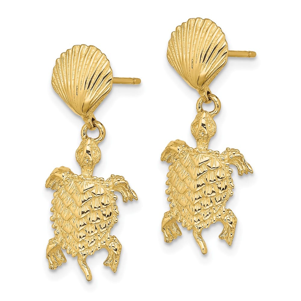 14K Yellow Gold Shell and Sea Turtle Dangle Post Earrings, view 2 of 4