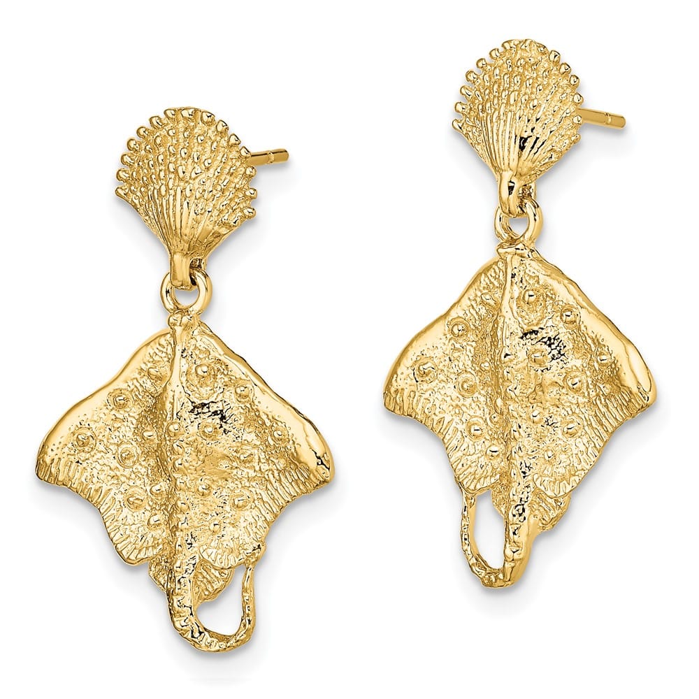 14K Yellow Gold Shell and Stingray Post Dangle Earrings, view 2 of 4