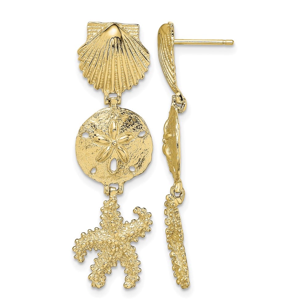 14K Yellow Gold Shell, Sand Dollar ,Starfish Post Dangle Earrings, view 1 of 4