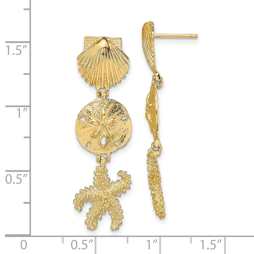14K Yellow Gold Shell, Sand Dollar ,Starfish Post Dangle Earrings, view 4 of 4