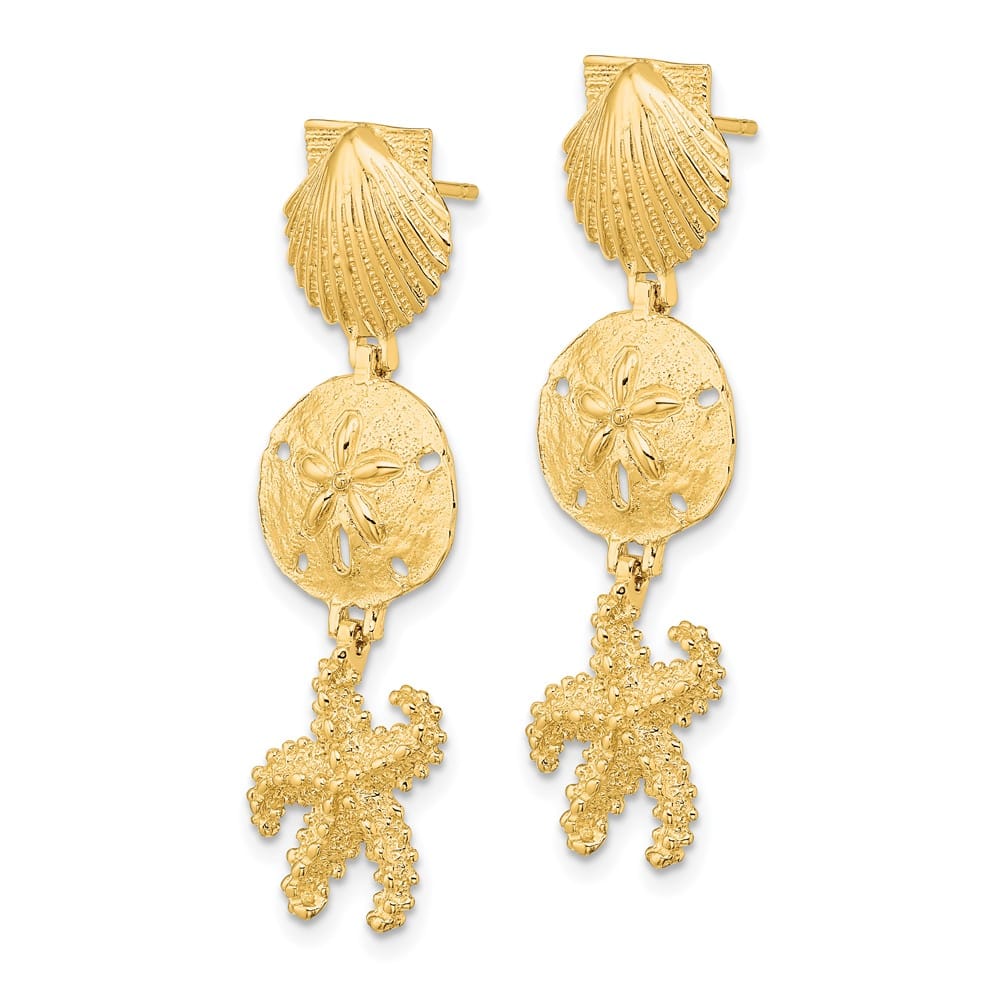 14K Yellow Gold Shell, Sand Dollar ,Starfish Post Dangle Earrings, view 2 of 4