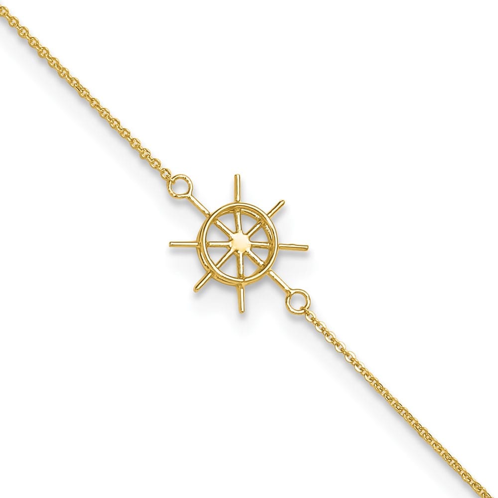 14K Yellow Gold Ships Wheel Anklet — solid 14K yellow gold, 9 inches long, 1 inch extension, 0.8 mm wide, spring ring clasp, 0.85 g