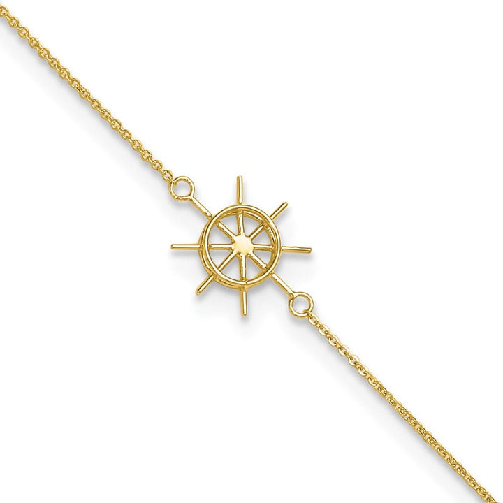 14K Yellow Gold Ships Wheel Anklet — solid 14K yellow gold, 9 inches long, 1 inch extension, 0.8 mm wide, spring ring clasp, 0.85 g