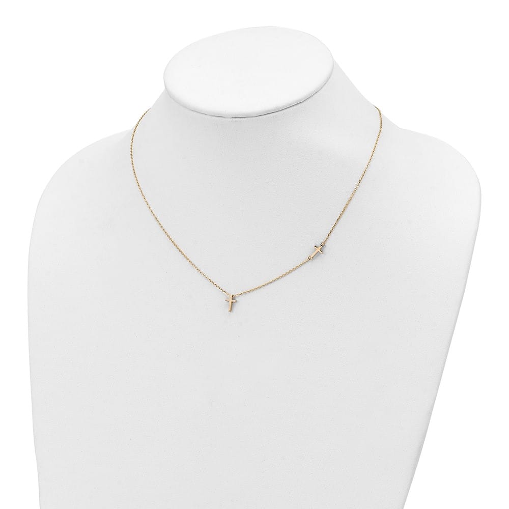 14K Yellow Gold Sideways Cross and Cross Pendant 18 inch Necklace