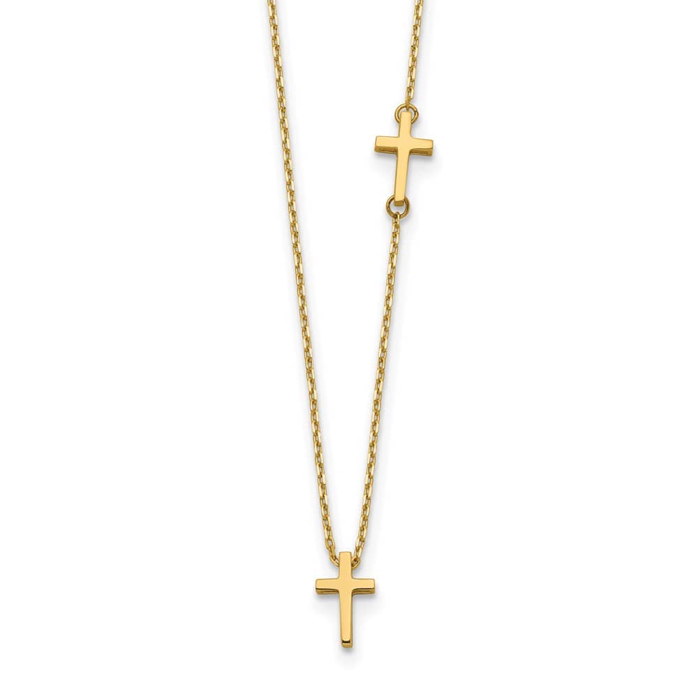 14K Yellow Gold Sideways Cross and Cross Pendant 18 inch Necklace