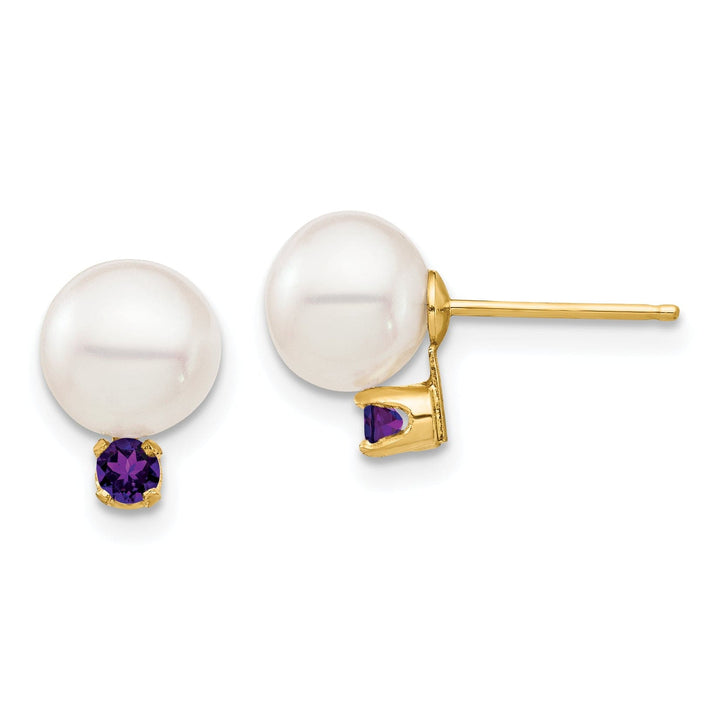 14K Yellow Gold Sleek 7-7.5mm Freshwater Pearl Amethyst Studs