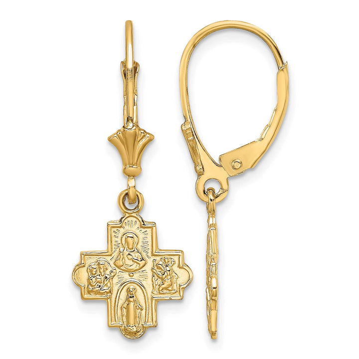 14K Yellow Gold Small 4-Way Medal Cross Dangle Leverback Earrings