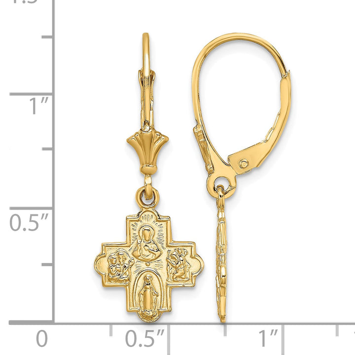 14K Yellow Gold Small 4-Way Medal Cross Dangle Leverback Earrings