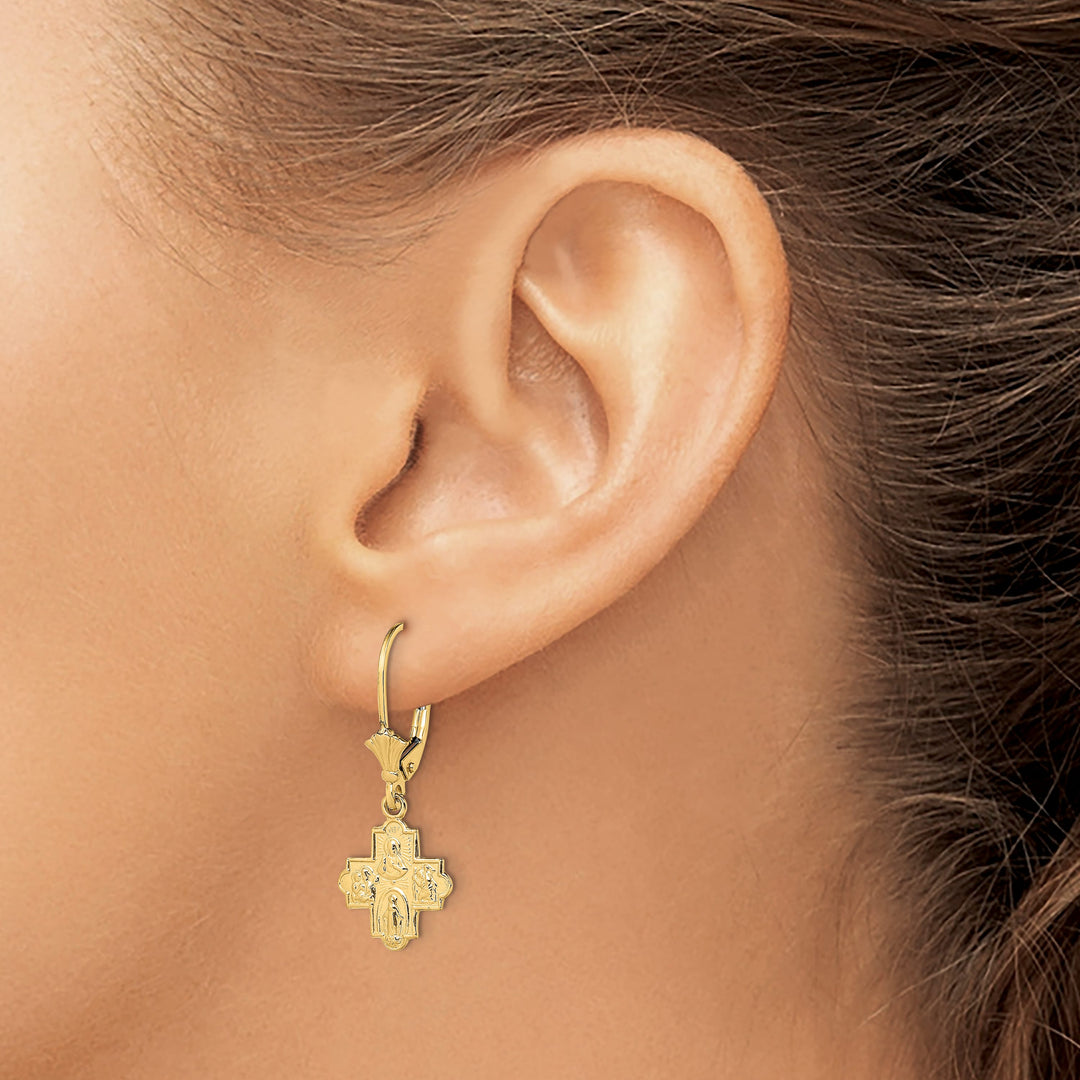 14K Yellow Gold Small 4-Way Medal Cross Dangle Leverback Earrings