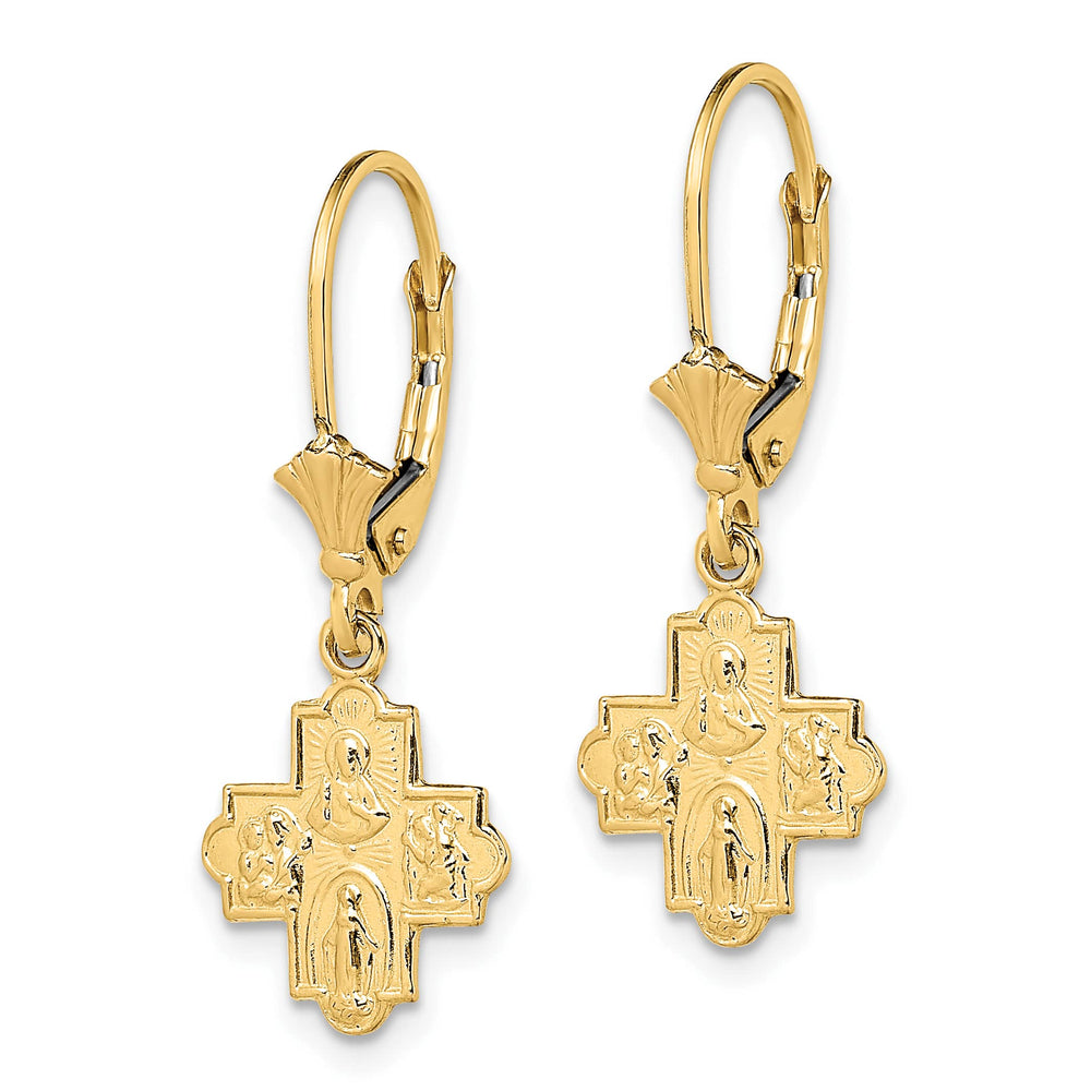 14K Yellow Gold Small 4-Way Medal Cross Dangle Leverback Earrings